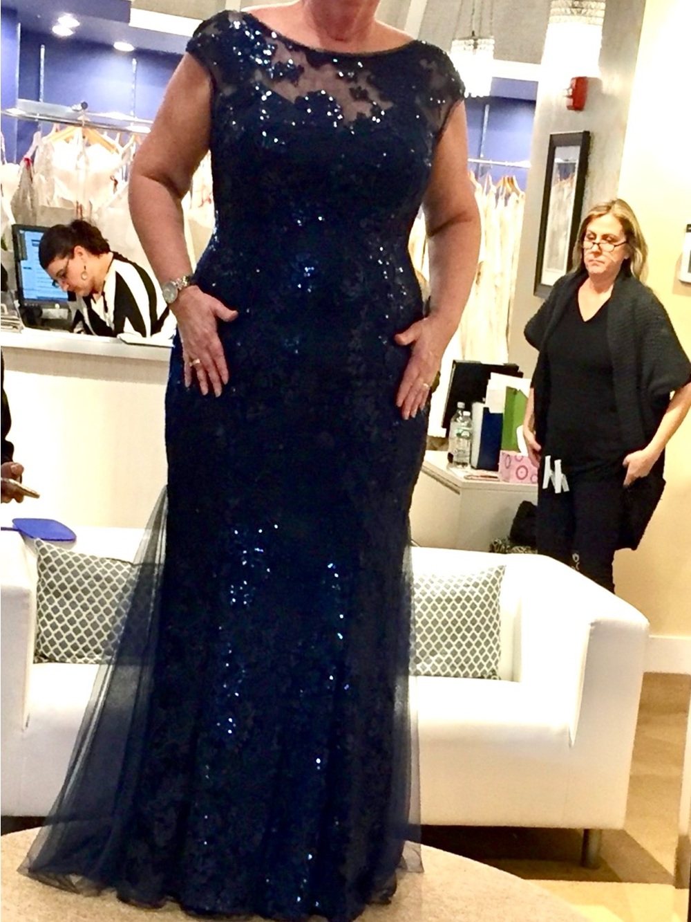Elegant Navy Lace & Sequin Gown with Illusion look Yoke, Jade Couture by Jasmine